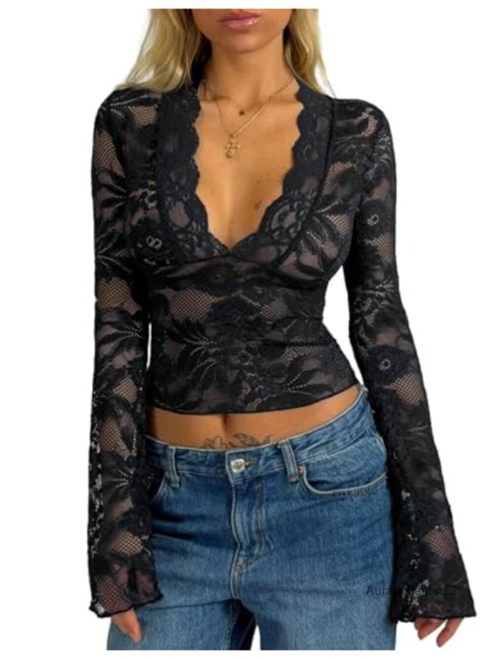 Women's Lace Long Sleeve Crop Top Deep V Neck Bell Sleeve Sheer Y2K Going Out
